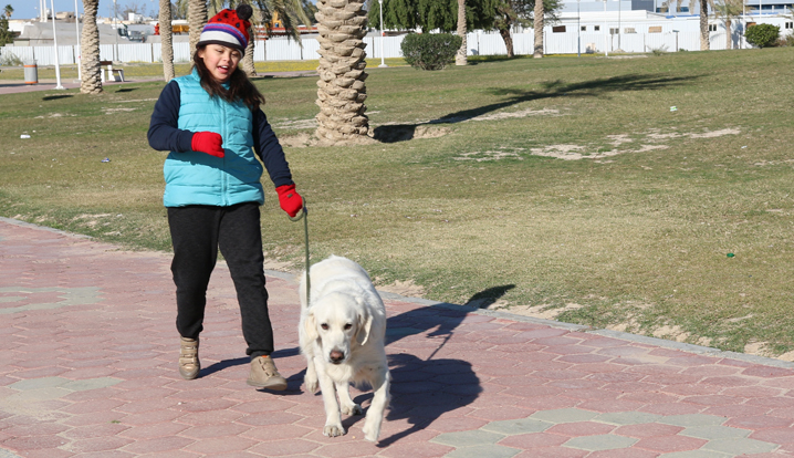 Asma's kid walking a dog in the park