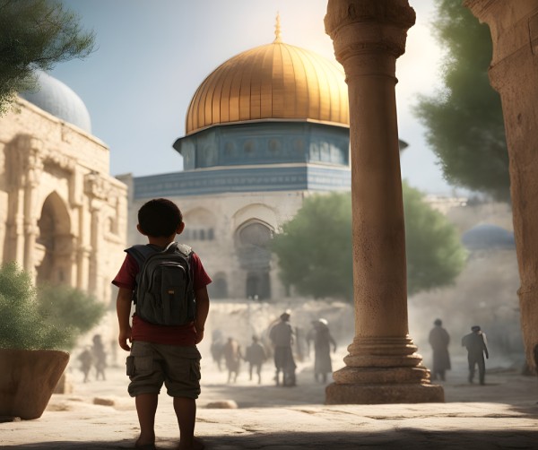 طفل في فلسطين عند قبة الصحرة في ساحة الاقصى