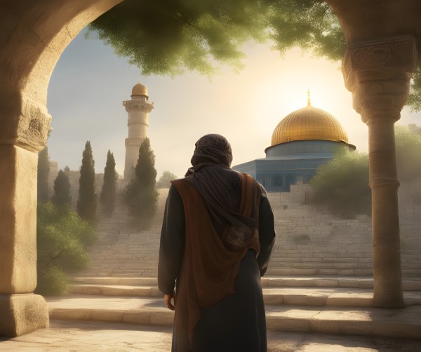 رجل في فلسطين عند قبة الصحرة في ساحة الاقصى